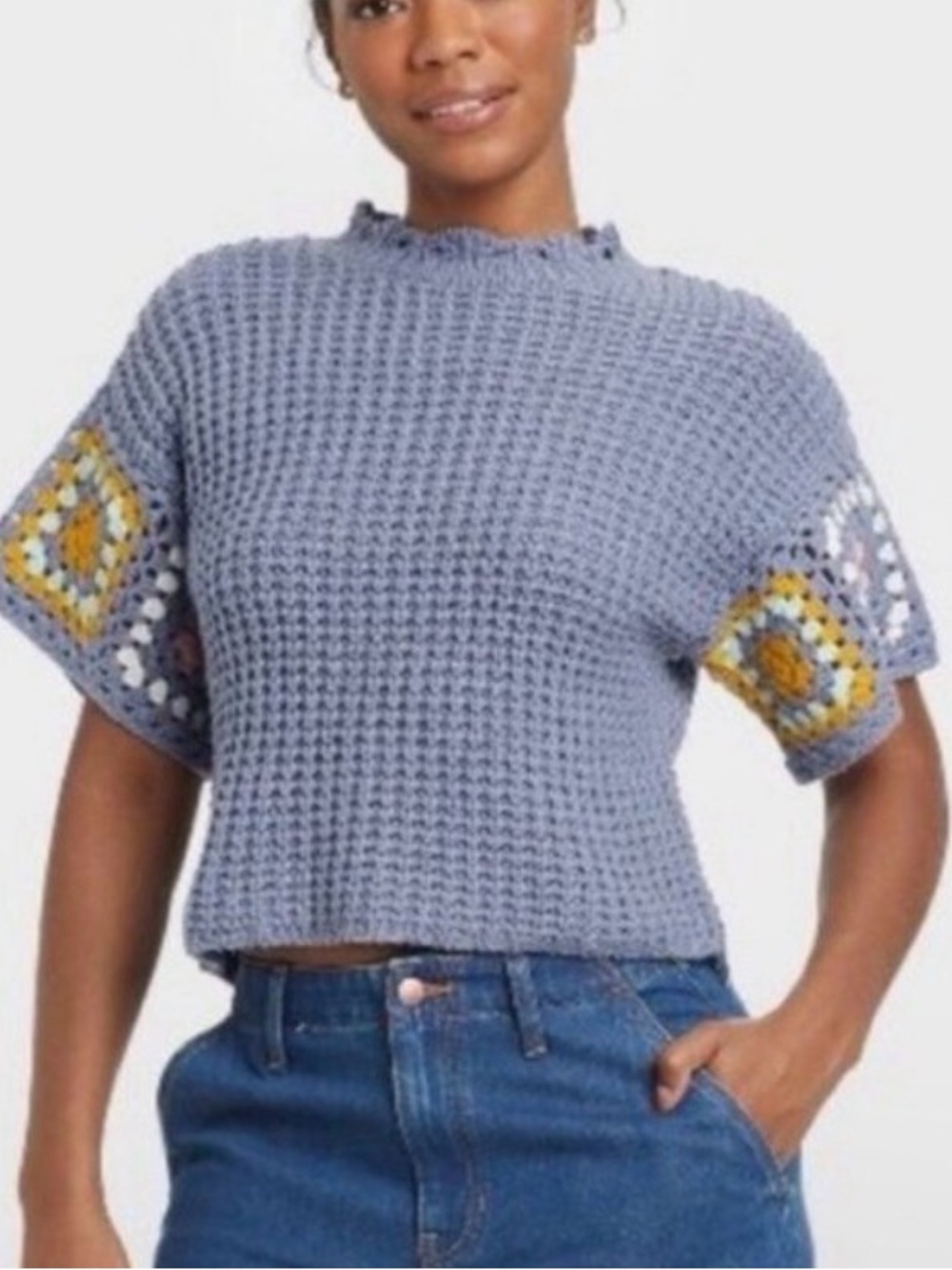 Universal Thread Crochet Short-Sleeve Sweater - Lavender with Multicolor Sleeves